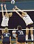 Jessica Plemel (left) and Meghan Gehring (right) attempt to block a Bethel shot.