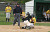 Shea Roehrkasse tags a sliding Alex Fokken out at home plate.
