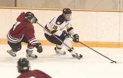 Gustavus' Kyle Menken skates past Hamline's Devon Brady.