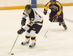 Junior Mike Hosfield plays the puck away from a Cobber defender.