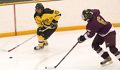 Steve Dusich moves along the boards with the puck.
