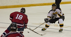 Sophomore Ian Wolff keeps the puck between him and a Cardinal player.