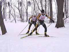Chandra Daw leads Laura Edlund up the hill.
