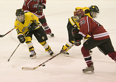 Sarah Heinbigner passes the puck while Kelly Crandall looks on.