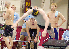 Ben Hanson explodes off the platform to begin the anchor leg of the 800 freestyle relay.
