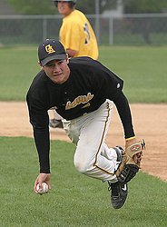 Second baseman Nate Ruff attempts to make a play at first base from mid-air.