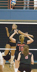 Becca Thompson keeps her eye on the ball as she looks to kill it.