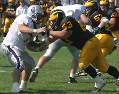Nick David, a senior defensive lineman, registered 1.5 sacks in Saturday's game.