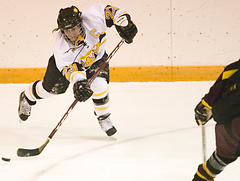 Senior Andrea Peterson scored her 70th career goal Friday against the Cobbers.