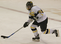 Margaret Dorer moves the puck up the ice.  Dorer leads the Gusties with 7 points (4g, 3a) so far this season.