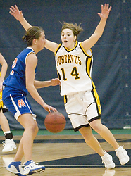 Julia Schultz plays defense on Macalester.