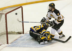 The Gusties Jon Keseley appears to have scored a goal but the puck hits the pipe and bounces away.
