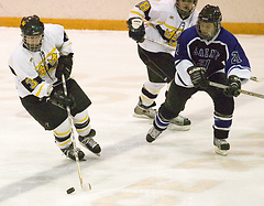 Stefanie Ubl skates the puck up the ice for Gustavus.