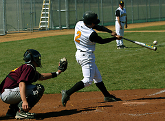 Tony Konicek shown here hitting a single in game two had a big day as he recorded three hits including a grand slam in game one.