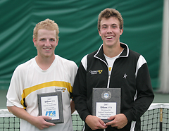 John Kauss and Andy Bryan displays their ITA singles trophies.
