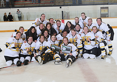 Gustavus women's hockey team with playoff championship trophy. (Brian Fowler photo)