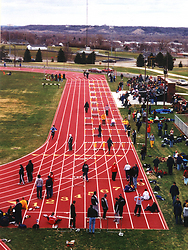 A view of the track being set up for the 110 meter hurdles.