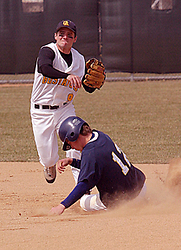 Secondbaseman Nate Ruff gets the force and fires to first for the double play.