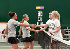 Erica Dobson and Jenny Arnfelt shake hands after winning 8-4 at #3 doubles.