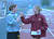 Lundstrum (left) shown shaking hands with first place finisher Leah Kay of Concordia. (photo by Dave Pape)