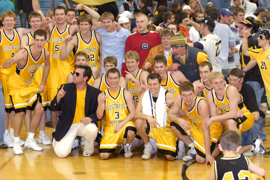 The Gusties celebrate their MIAC Playoff title with their fans.