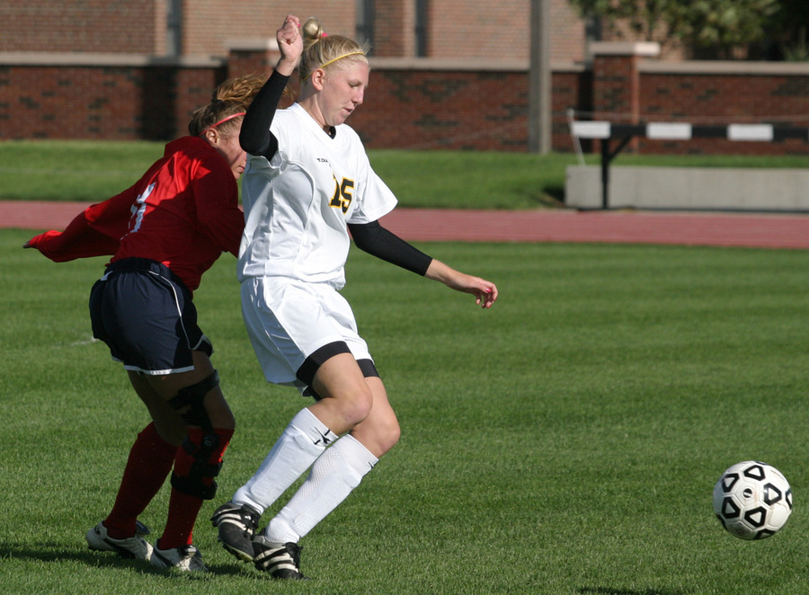 First year defender Rachel Gieseke looks  to clear the ball for the Gusties.
