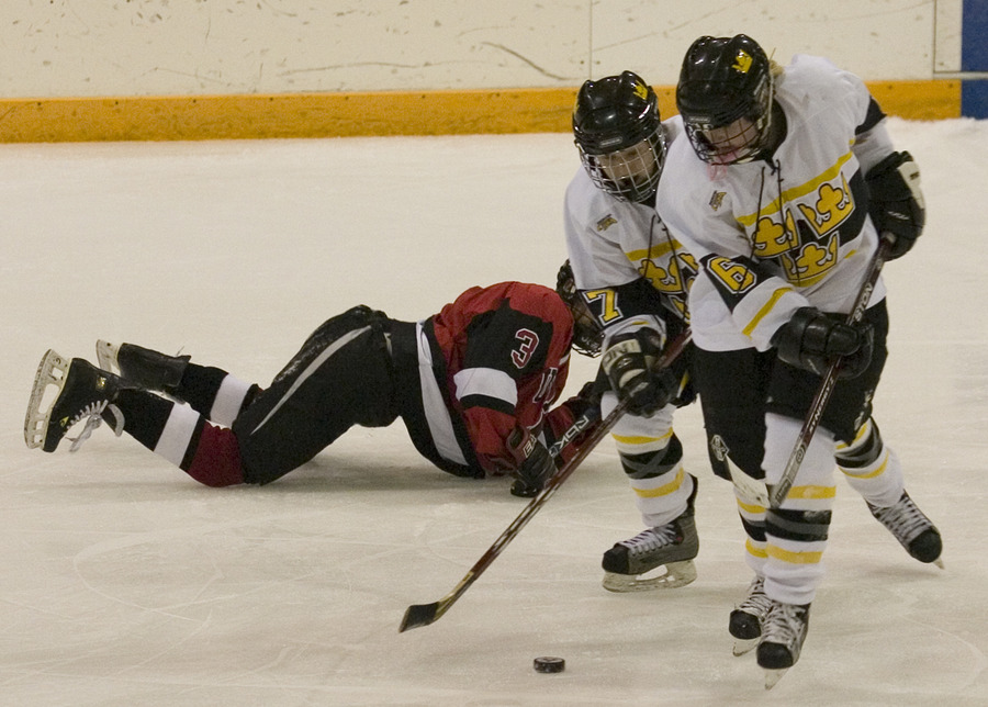 Jenny Pusch (6) and Christine Wicker (17) move the puck for Gustavus.