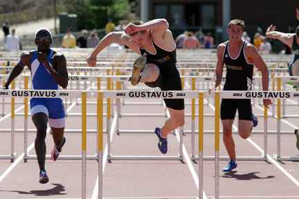Tanner Miest (center) crossing the final hurdle in the 2006 Lee Krough Invitational.