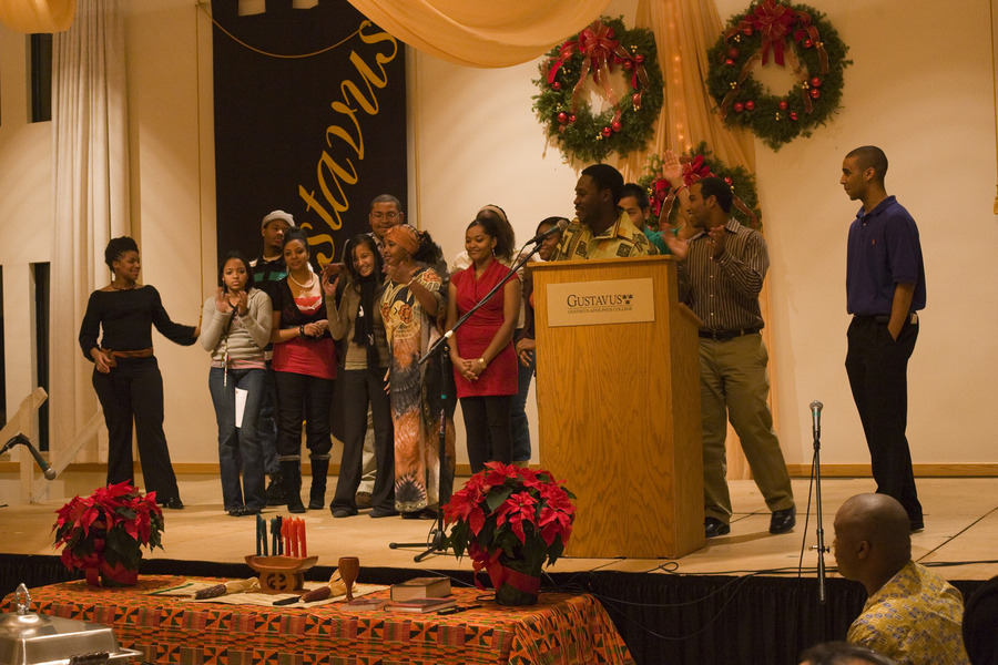 A group of students speak at this year’s Kwanzaa banquet.