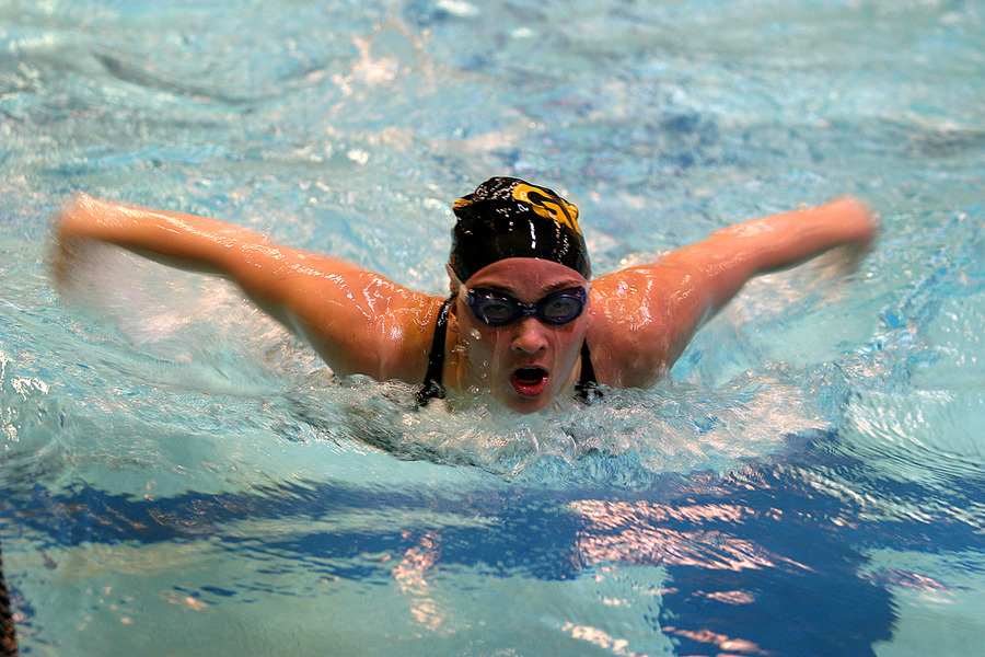 A butterfly swimmer looks towards the finish.