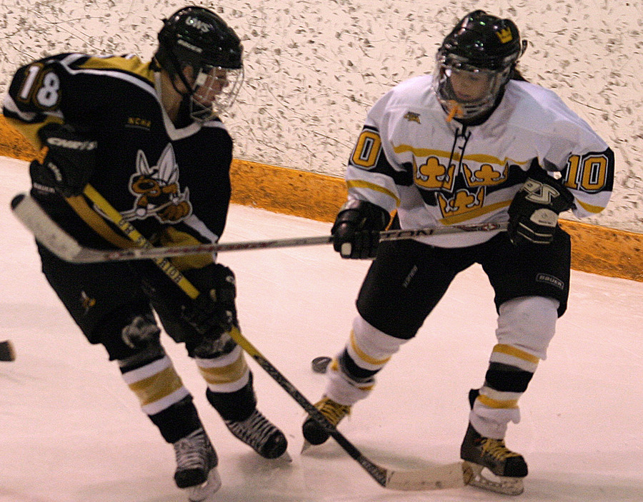 Alyssa Saunders and Brittany Bembeneck look for the puck.