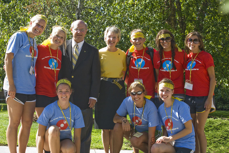 President Jack R. Ohle and his wife Kris with a group of Gustie Greeters.