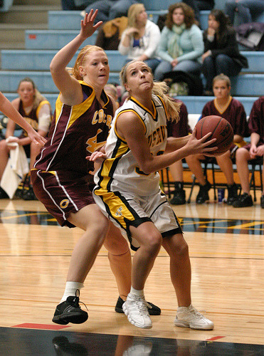 Emily Nelson drives for two of her 20 points.