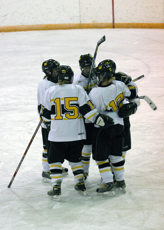 The Gusties celebrate with Jesse Doig (#12) after her goal late in the first period.