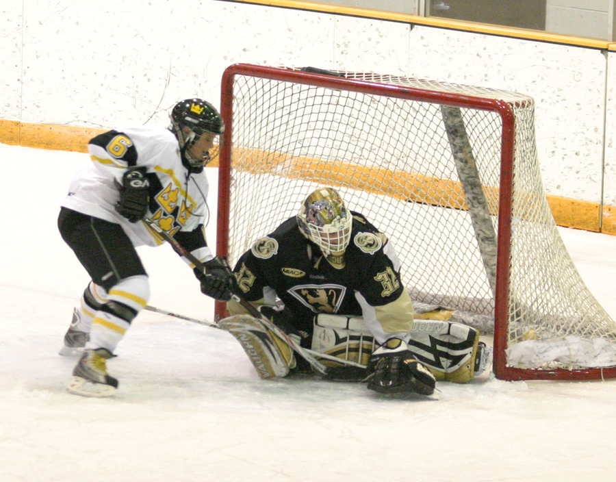Whitney Schaff attempts to tip the puck past St. Olaf goaltender Jessica Ptachik.
