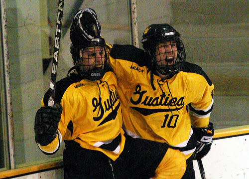 Brad Wieck and Ross Ring-Jarvi celebrate after Wieck scored the eventual game-winning goal.