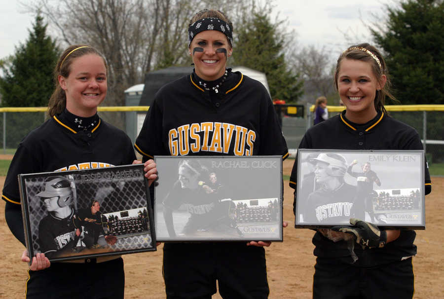 Seniors Jessie Gabbert, Rachael Click, and Emily Klein were honored between games of the doubleheader.