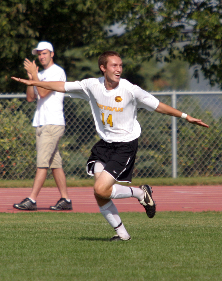 Midfielder Mark Adams celebrates after scoring his first of two second half goals.
