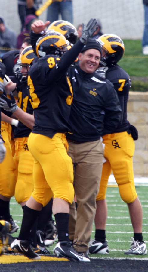 Coach Haugen celebrates after one of the Gusties five touchdowns.