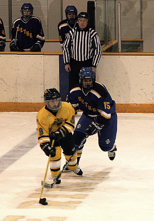 Kelly Crandall looks up the ice for the Gusties.