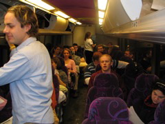 Getting comfortable in the bus.