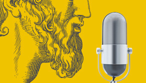 Graphic with a line drawing of a greek philosopher and a radio microphone