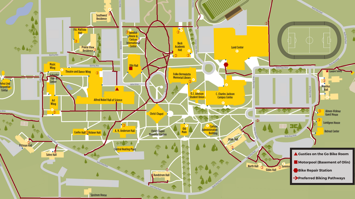 Gusties on the Go Map Showing locations of important sites and preferred biking pathways