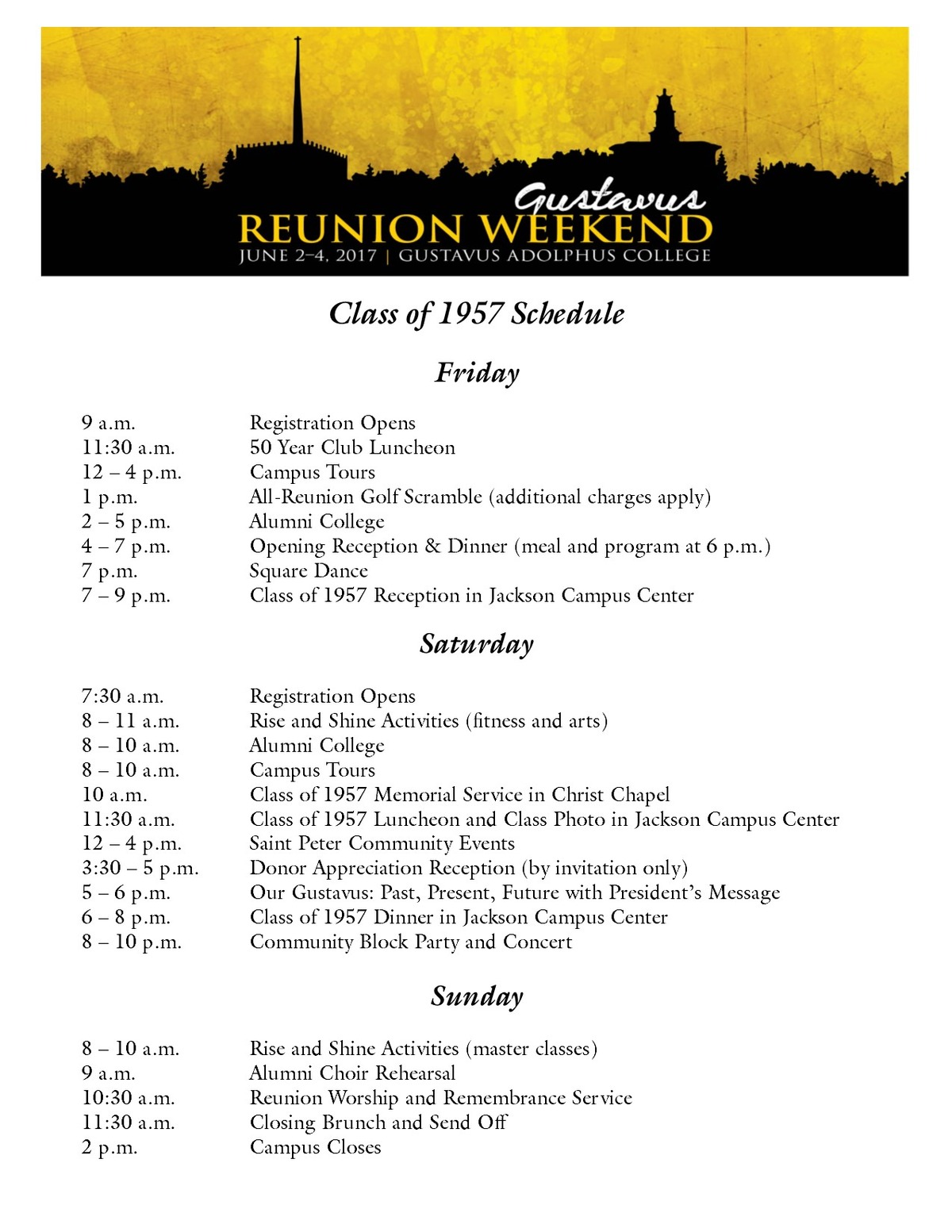 Class of 1957 Reunion Weekend Schedule