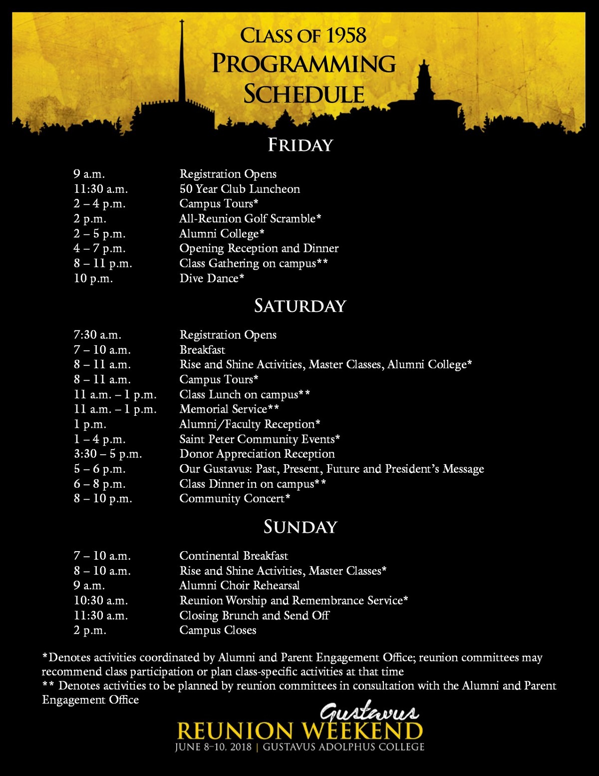 Class specific Reunion Weekend schedule