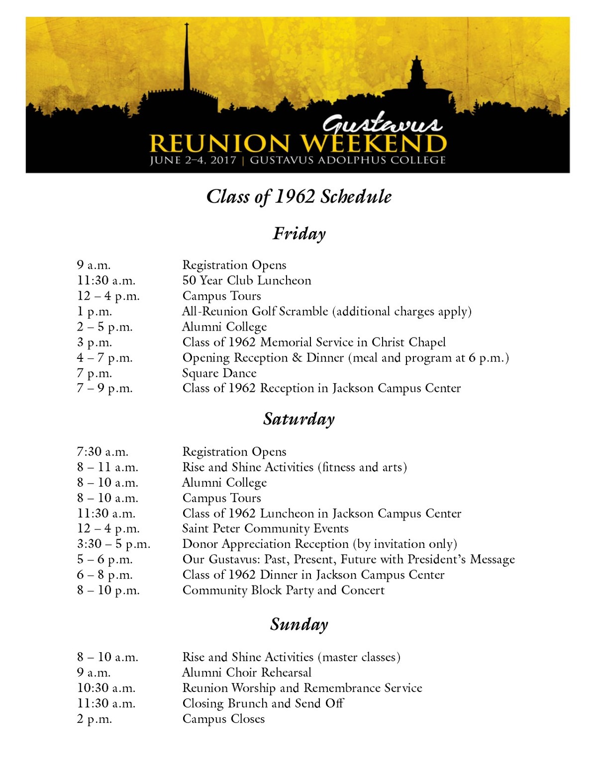 Class of 1962 Reunion Weekend Schedule