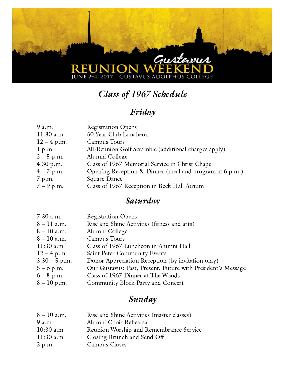 Class of 1967 Reunion Weekend Schedule