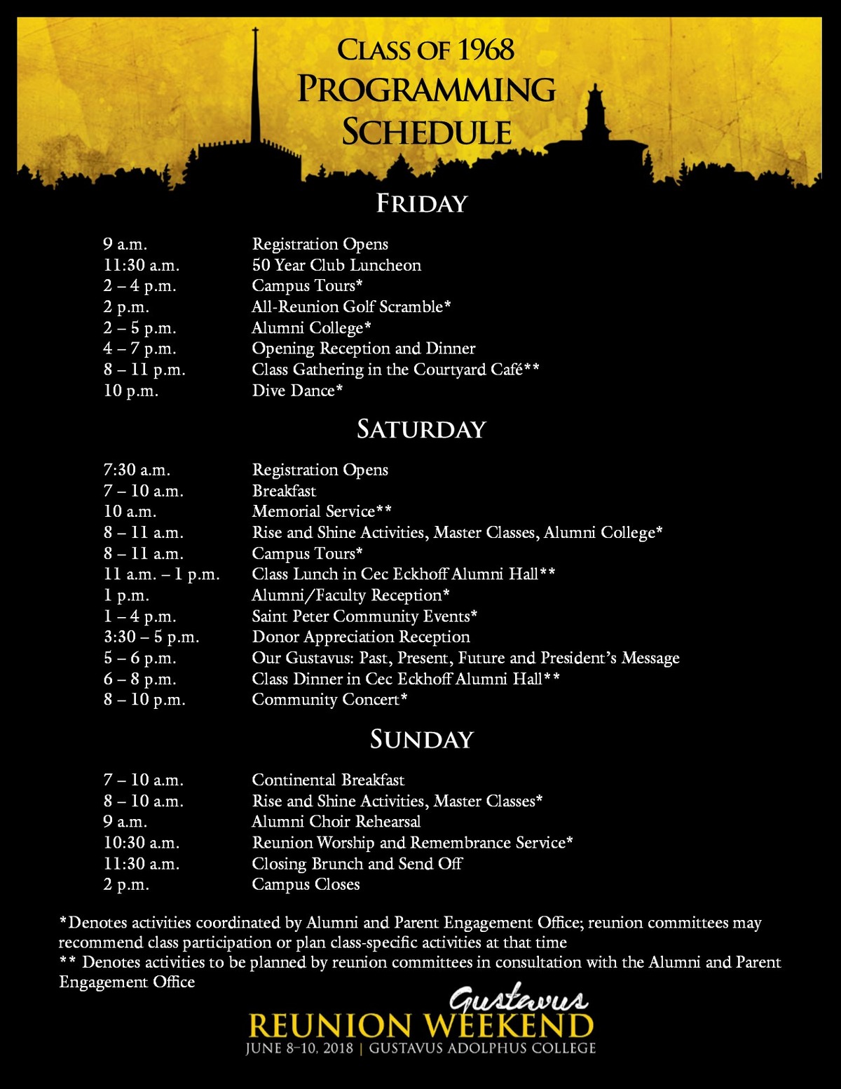 Class specific Reunion Weekend schedule