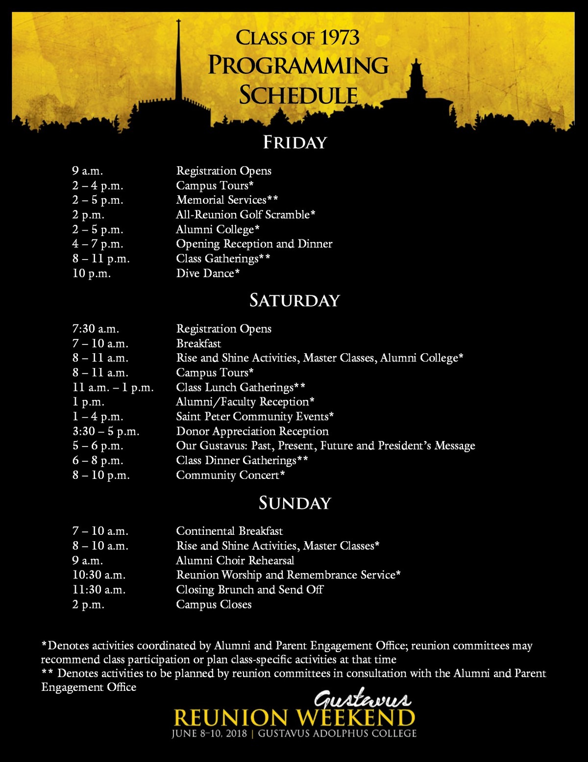 Class specific Reunion Weekend schedule