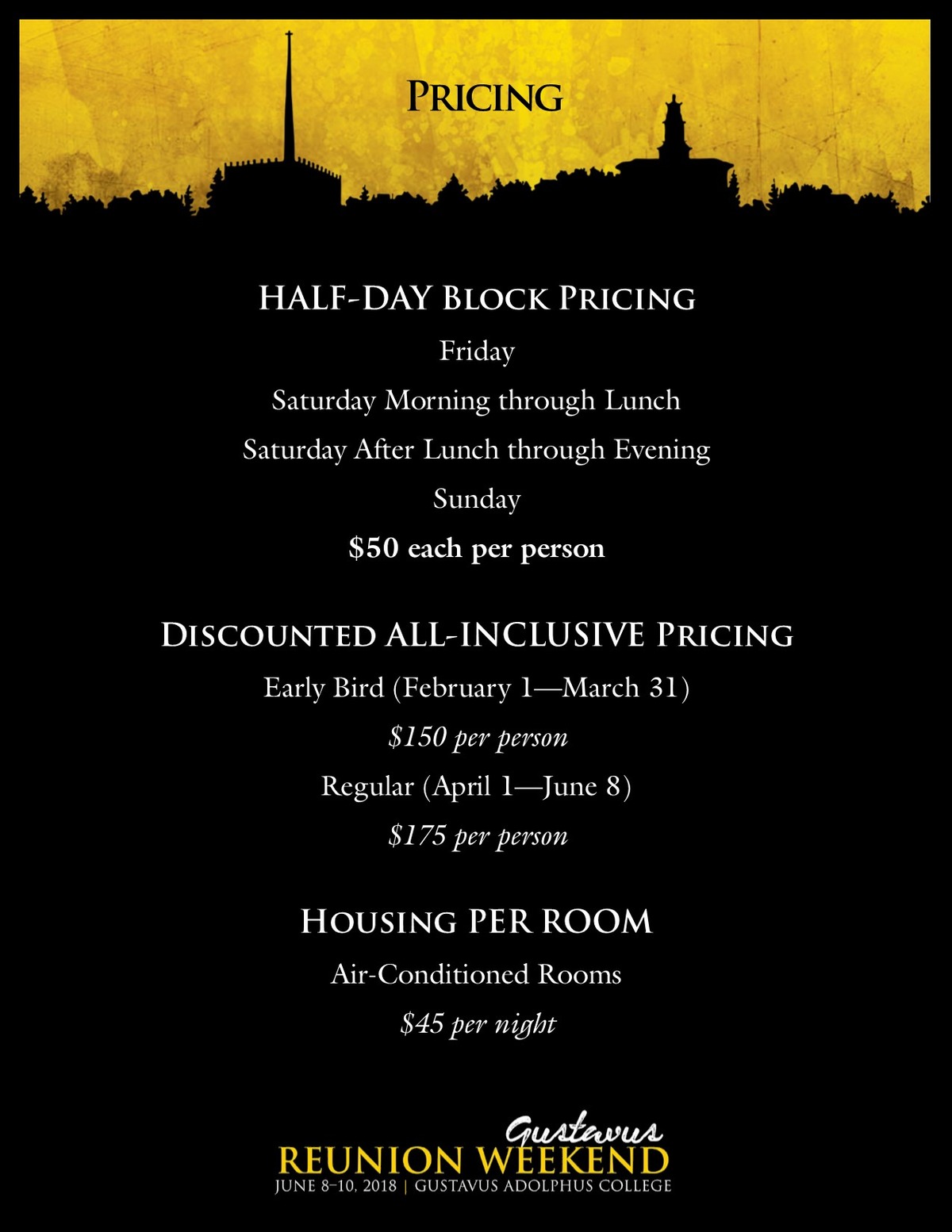 Class specific Reunion Weekend pricing information
